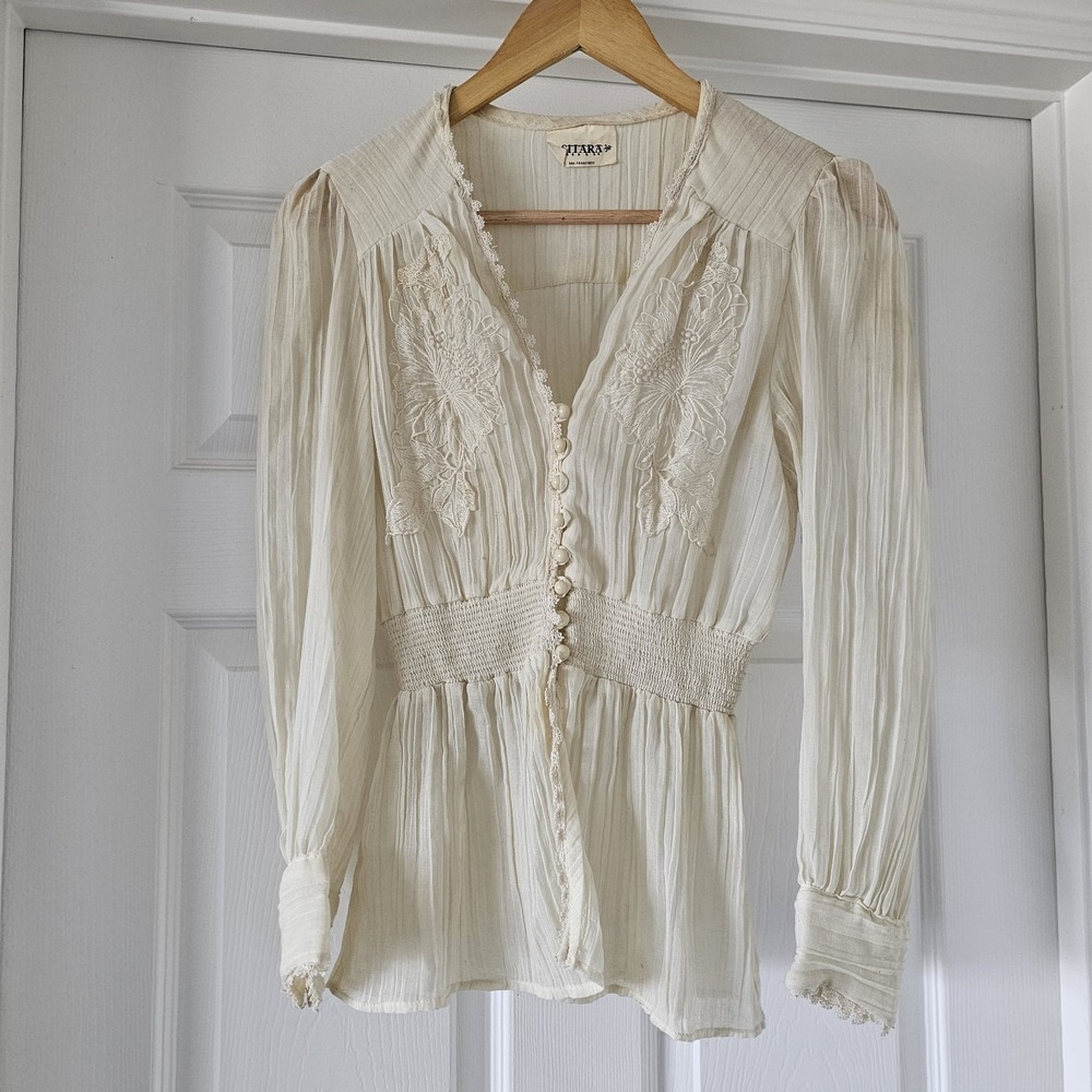 1970s Vintage Sitara San Francisco Ivory Boho Gauze Peasant Lace Blouse #40